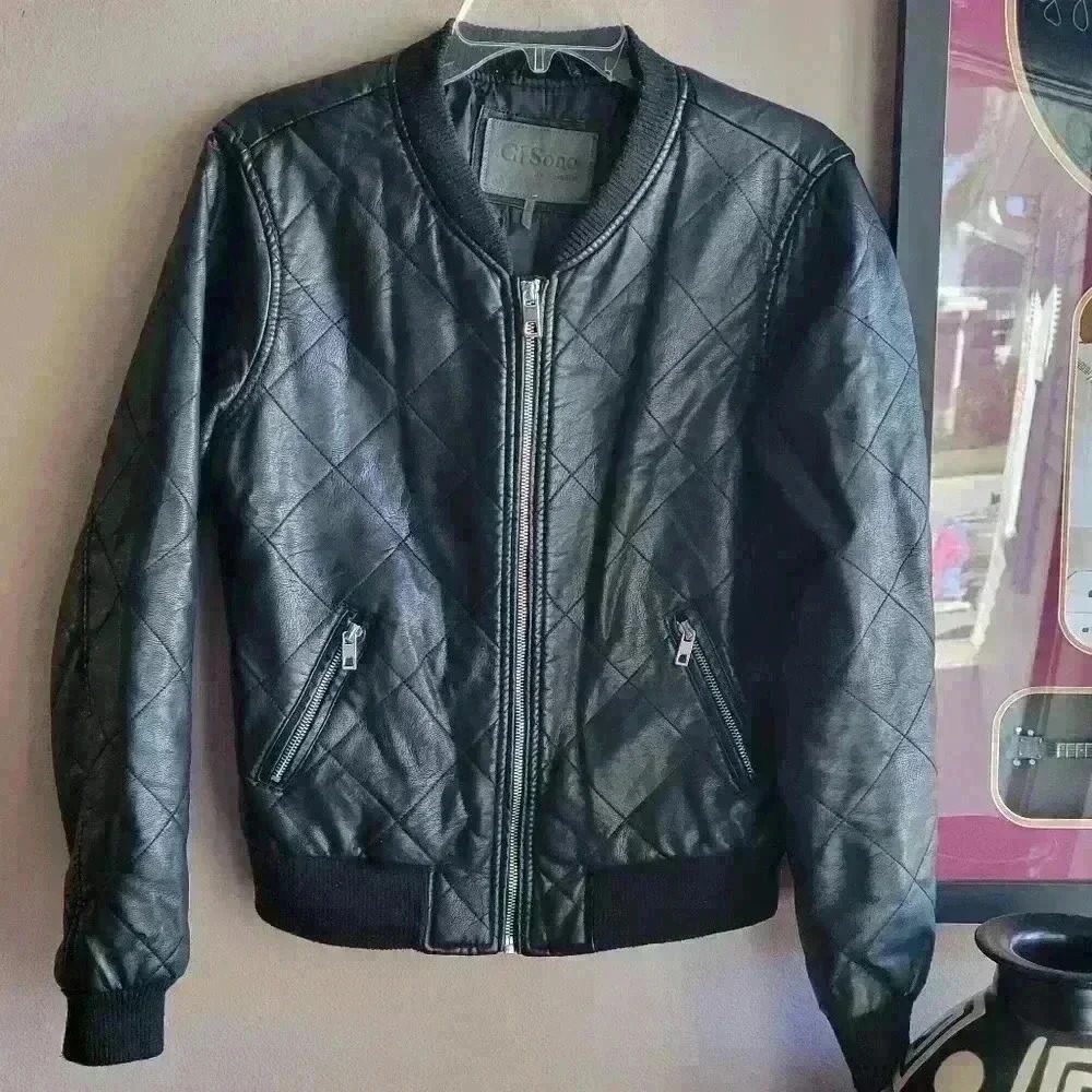 Ci Sono by Cabalini Women's quilted faux Leather Jacket M Black Full Zip Biker - Picture 2 of 12